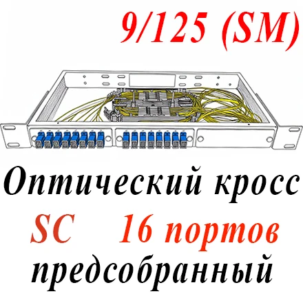 Оптический кросс 19" 1U - 16 портов SC, укомплектованный (розетки, сплайс, КДЗС, пигтейлы SM)