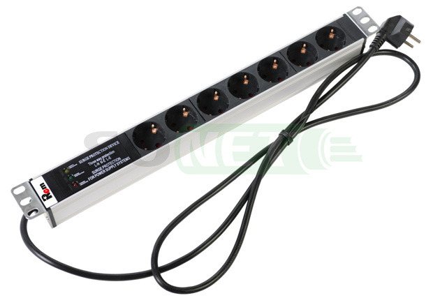 Блок розеток 220В/16А, 19", 1U, 7 розеток, 2К+З, шнур 3м, индикатор