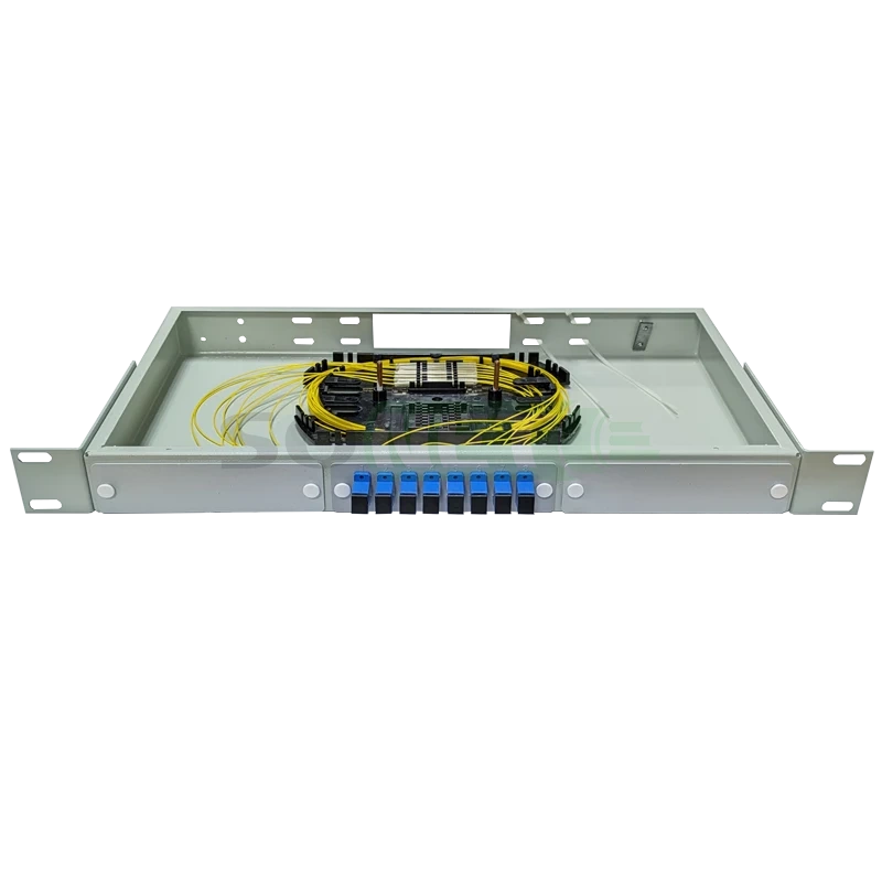 Оптический кросс 19" 1U - 8 портов SC, укомплектованный (розетки, сплайс, КДЗС, пигтейлы SM)
