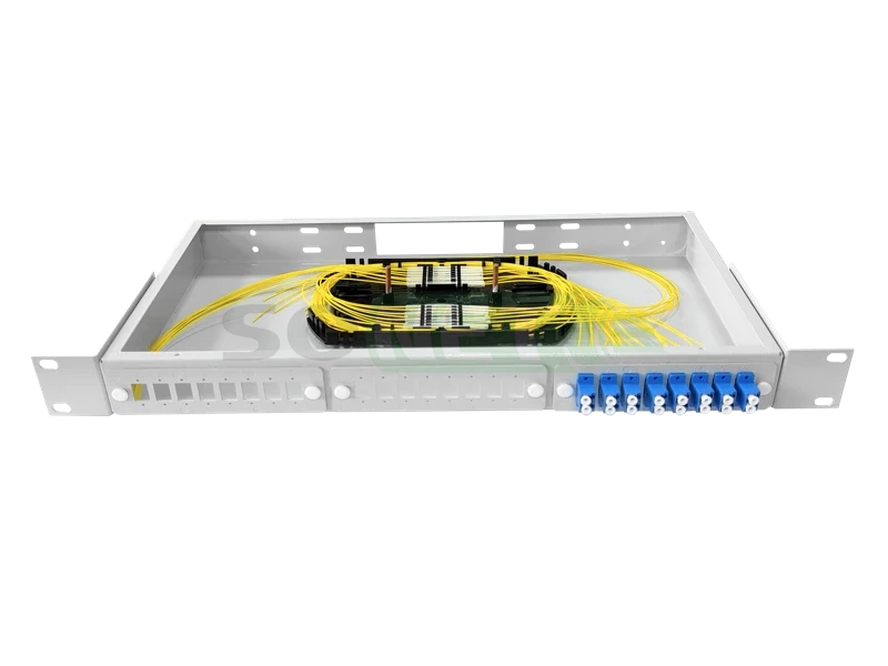 Оптический кросс 19" 1U - 16 портов LC, укомплектованный (розетки, сплайс, КДЗС, пигтейлы SM)