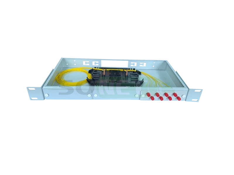 Оптический кросс 19" 1U - 8 портов FC, укомплектованный (розетки, сплайс, КДЗС, пигтейлы SM)