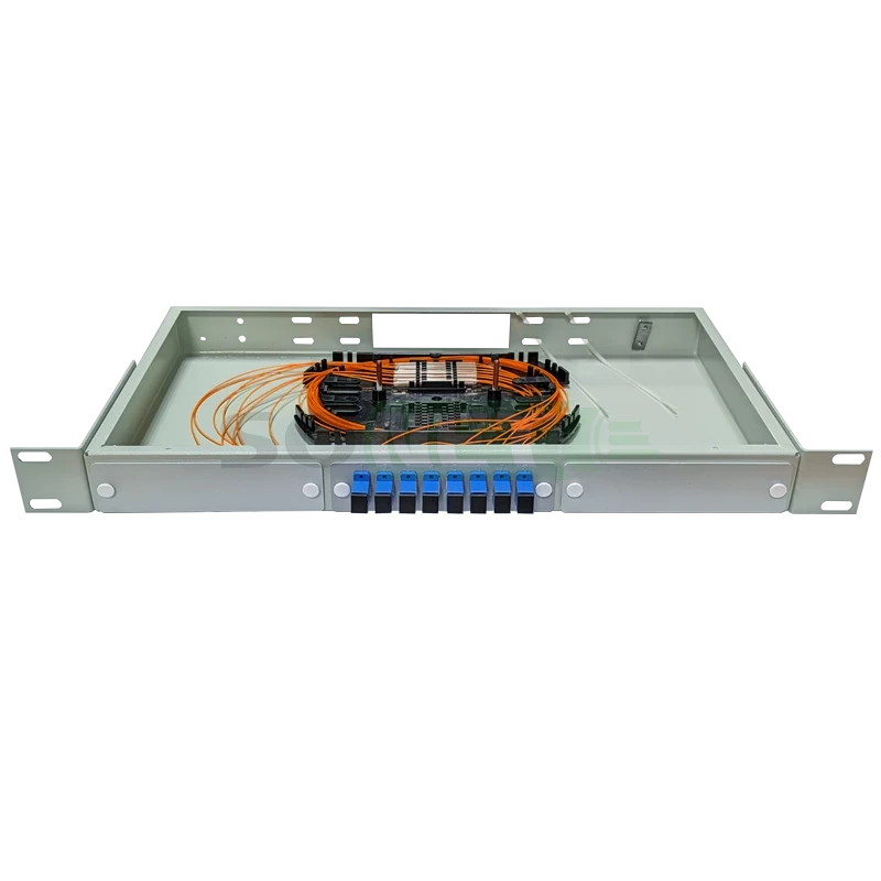 Оптический кросс 19" 1U - 8 портов SC, укомплектованный (розетки, сплайс, КДЗС, пигтейлы MM)