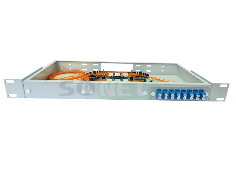 Оптический кросс 19" 1U - 16 портов LC, укомплектованный (розетки, сплайс, КДЗС, пигтейлы MM)