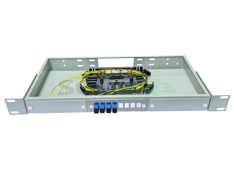 Оптический кросс 19" 1U - 4 порта SC, укомплектованный (розетки, сплайс, КДЗС, пигтейлы SM)