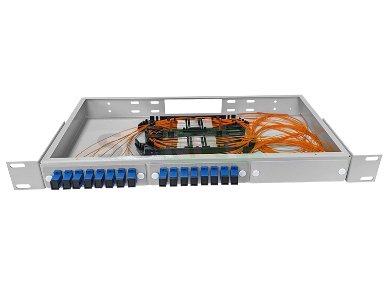 Оптический кросс 19" 1U - 16 портов SC, укомплектованный (розетки, сплайс, КДЗС, пигтейлы MM)