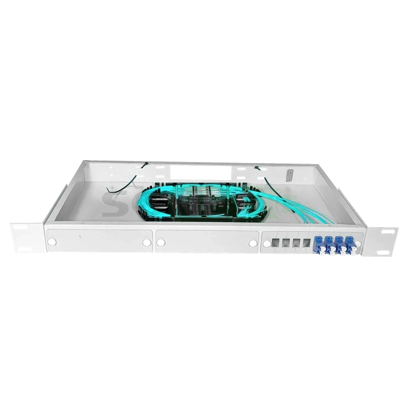 Оптический кросс 19" 1U - 8 портов LC, укомплектованный (розетки, сплайс, КДЗС, пигтейлы OM3)