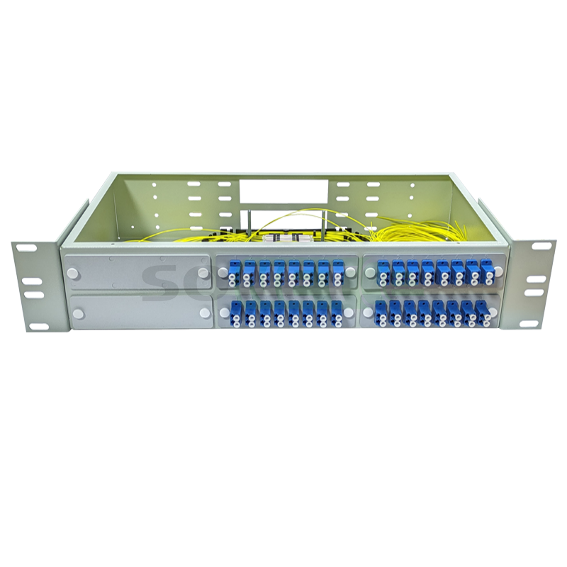 Оптический кросс 19" 2U - 64 порта LC, укомплектованный (розетки, сплайс, КДЗС, пигтейлы SM)