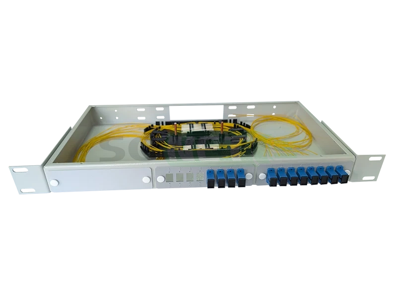 Оптический кросс 19" 1U - 12 портов SC, укомплектованный (розетки, сплайс, КДЗС, пигтейлы SM)