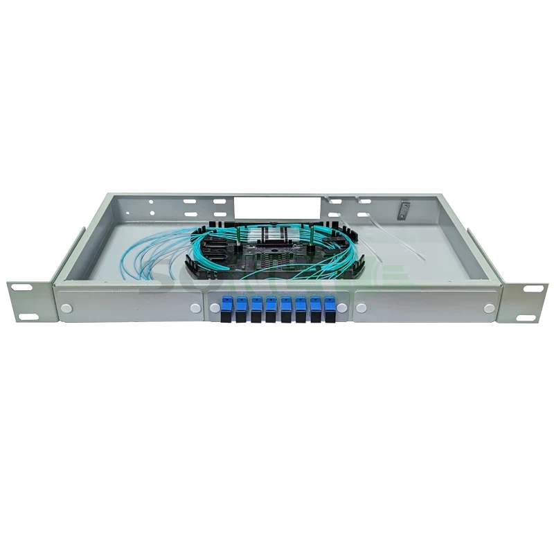 Оптический кросс 19" 1U - 8 портов SC, укомплектованный (розетки, сплайс, КДЗС, пигтейлы OM3)