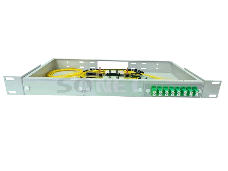Оптический кросс 19" 1U - 16 портов LC/APC, укомплектованный (розетки, сплайс, КДЗС, пигтейлы SM)