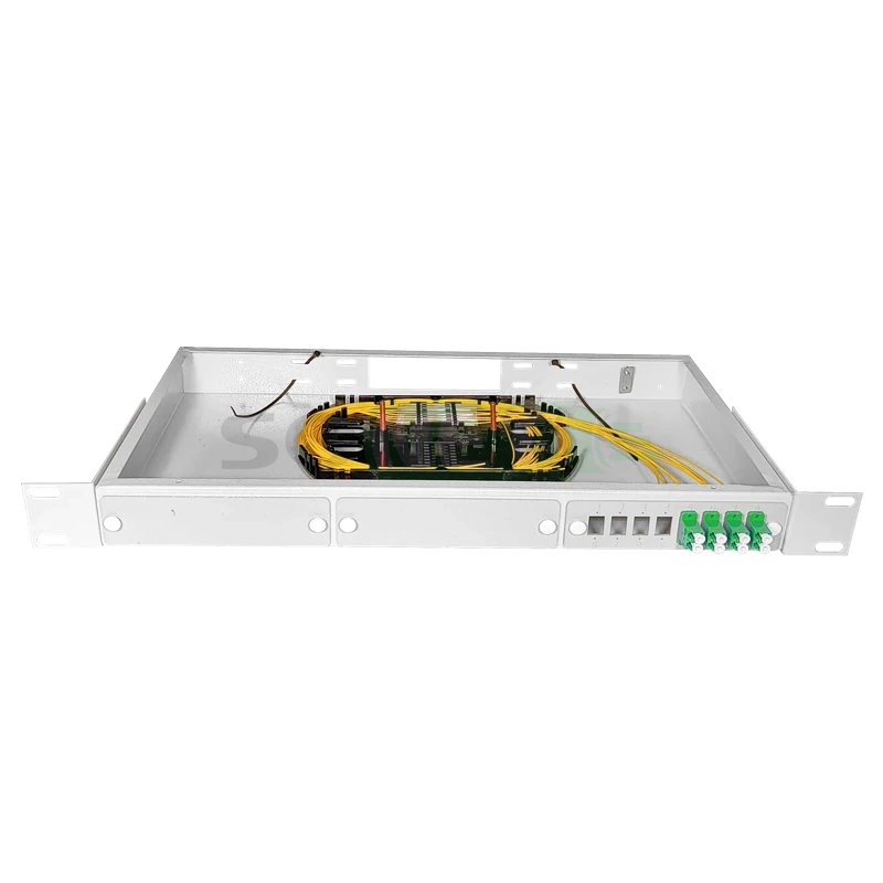 Оптический кросс 19" 1U - 8 портов LC/APC, укомплектованный (розетки, сплайс, КДЗС, пигтейлы SM)
