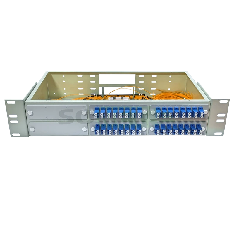 Оптический кросс 19" 2U - 64 порта LC, укомплектованный (розетки, сплайс, КДЗС, пигтейлы MM)