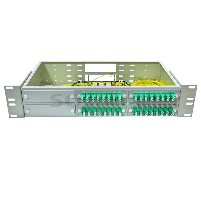 Оптический кросс 19" 2U - 64 портов LC/APC, укомплектованный (розетки, сплайс, КДЗС, пигтейлы SM)