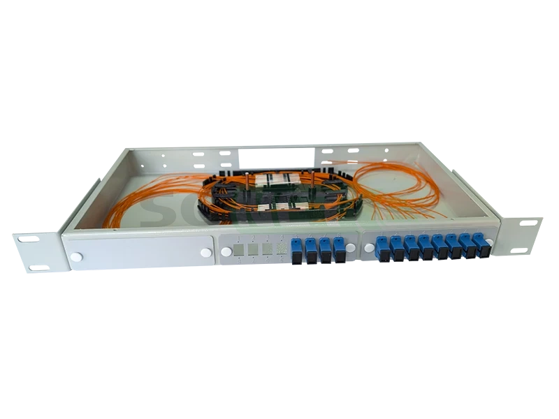 Оптический кросс 19" 1U - 12 портов SC, укомплектованный (розетки, сплайс, КДЗС, пигтейлы MM)