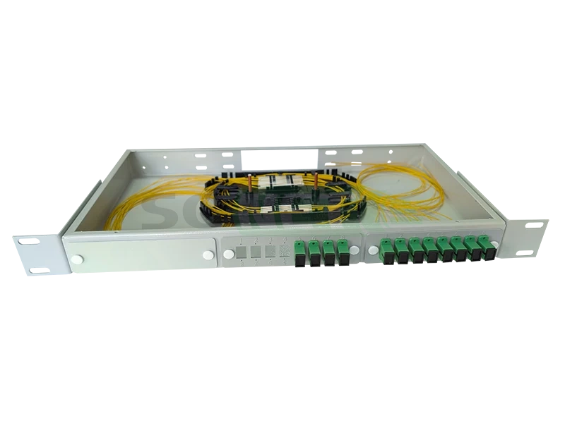 Оптический кросс 19" 1U - 12 портов SC/APC, укомплектованный (розетки, сплайс, КДЗС, пигтейлы SM)