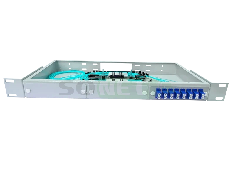 Оптический кросс 19" 1U - 16 портов LC, укомплектованный (розетки, сплайс, КДЗС, пигтейлы OM3)