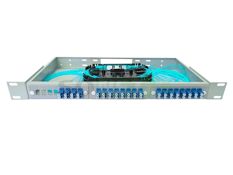 Оптический кросс 19" 1U - 40 портов LC, укомплектованный (розетки, сплайс, КДЗС, пигтейлы OM3)