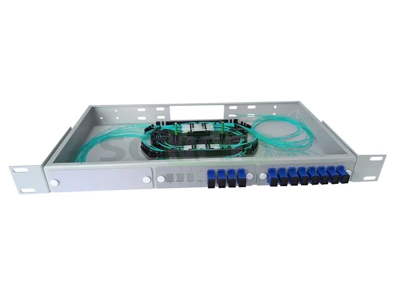 Оптический кросс 19" 1U - 12 портов SC, укомплектованный (розетки, сплайс, КДЗС, пигтейлы OM3)