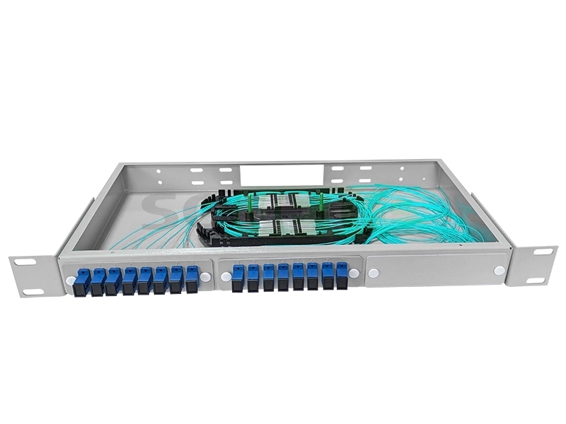 Оптический кросс 19" 1U - 16 портов SC, укомплектованный (розетки, сплайс, КДЗС, пигтейлы OM3)