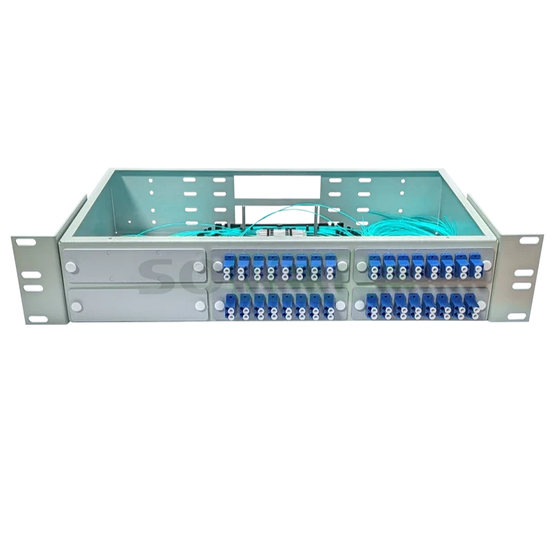 Оптический кросс 19" 2U - 64 портов LC, укомплектованный (розетки, сплайс, КДЗС, пигтейлы OM3)